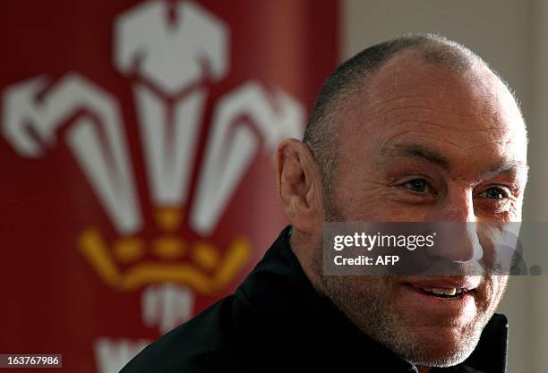 Assistant coach of the Wales international rugby union team Robin McBryde speaks at a press conference at the Millennium Stadium in Cardiff on March...