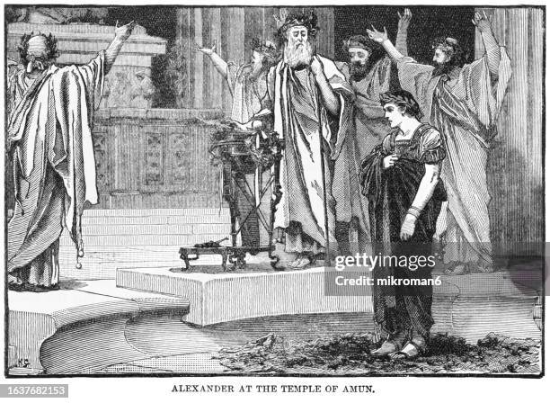 old engraved illustration of the alexander great visiting the temple of amun (egypt,  4th century bc) - paganism stock pictures, royalty-free photos & images