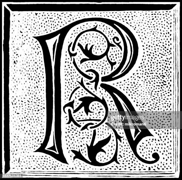 old engraved illustration of letter r, decorative ornament - letter r stock-fotos und bilder