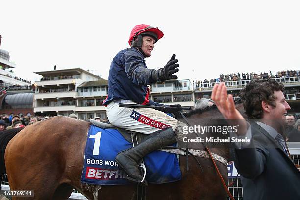 Barry Geraghty on board Bobs Worth celebrates victory in the Cheltenham Gold Cup during Gold Cup day at Cheltenham Racecourse on March 15, 2013 in...