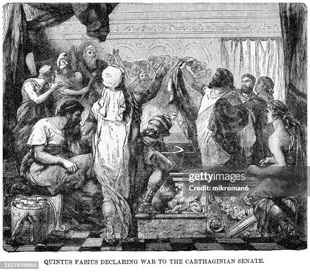 old engraved illustration of quintus fabius maximus (a roman statesman and general of the third century bc) declares war to the carthaginian senate, 218 b.c - senate stock pictures, royalty-free photos & images