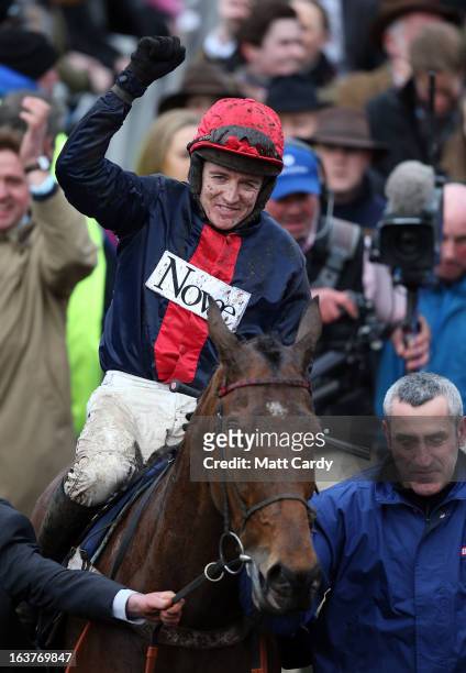 Bobs Worth is ridden by Barry Geraghty into the parade ring after winning the Gold Cup at Cheltenham Racecourse on the fourth and final day of the...