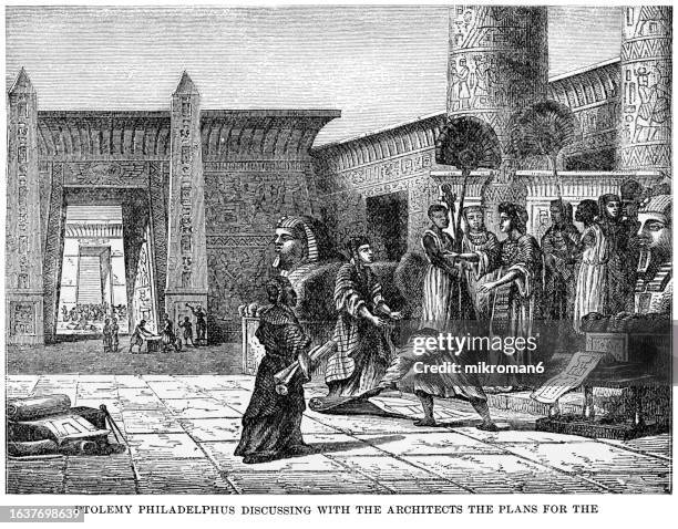 old engraved illustration of ptolemy philadelphus discussing with the architects the plans for the alexandria library - alexandria stock pictures, royalty-free photos & images