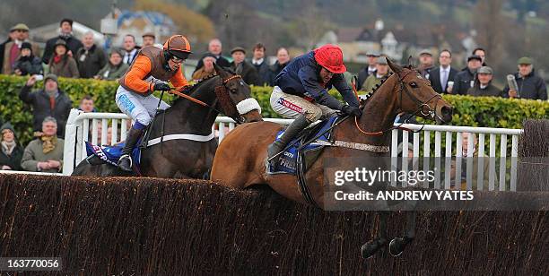 Horse 'Bobs Worth' ridden by Barry Geraghty takes a jump on its way to winning the Cheltenham Gold Cup Steeple Chase during the last day of the...