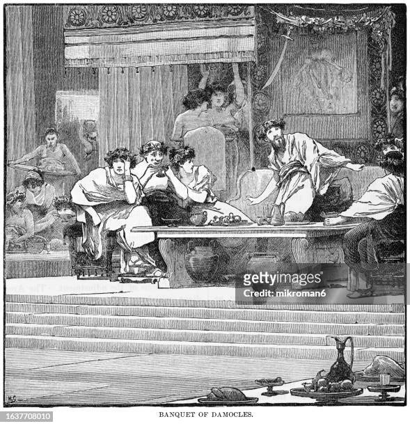 old engraved illustration of banquet of damocles - damocles, a courtier in the court of dionysius i of syracuse, a ruler of syracuse, sicily, magna graecia, during the classical greek era - food court stock-fotos und bilder