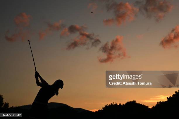 Yui Kawamoto of Japan plays a shot on the 16th hole during the second round of NITORI Ladies at Otaru Country Club on August 25, 2023 in Otaru,...