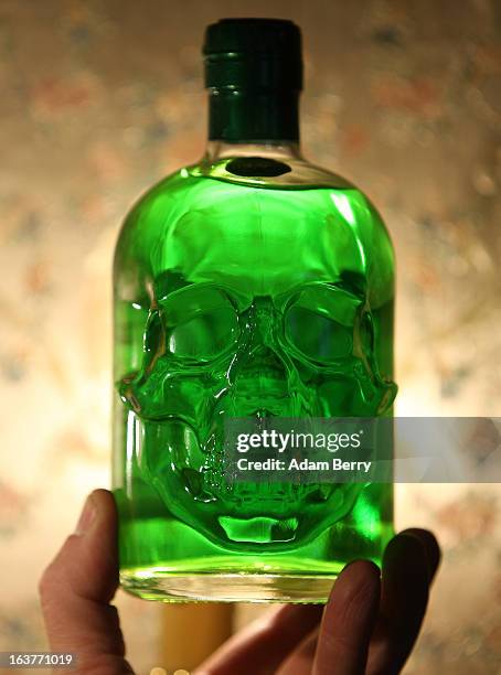 Bottle of 89 percent alcohol absinthe in the shape of a skull is seen at the Absinth Depot shop on March 15, 2013 in Berlin, Germany. The highly...