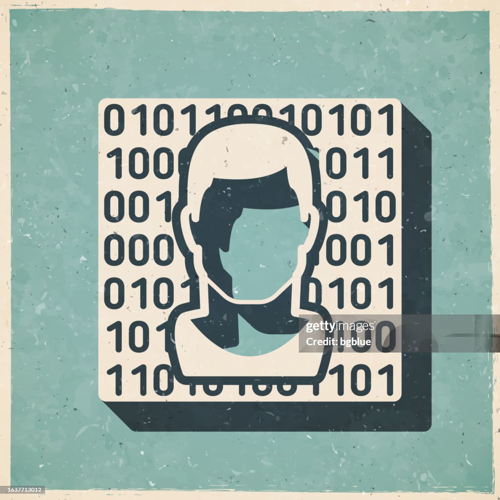 Male face with binary code. Icon in retro vintage style - Old textured paper