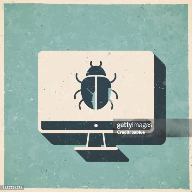 desktop computer with bug. icon in retro vintage style - old textured paper - technical difficulties tv stock illustrations