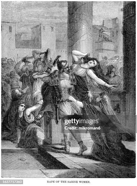 old engraved illustration of rape of the sabine women - crime punishment stock pictures, royalty-free photos & images