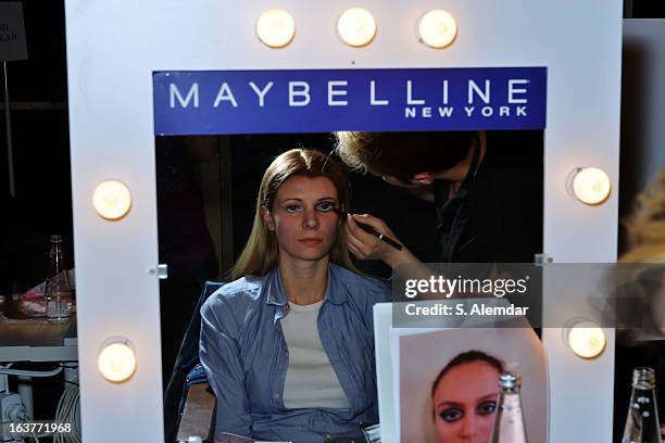 Model backstage ahead of the Selma State show during Mercedes-Benz Fashion Week Istanbul Fall/Winter 2013/14 at Antrepo 3 on March 15, 2013 in...