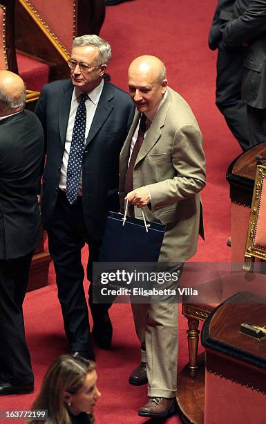 Centre-right coalition's senators Giulio Tremonti and Sandro Bondi attend the Italian Parliament inaugural session at Senate on March 15, 2013 in...