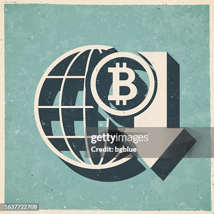 Bitcoin rate decrease. Icon in retro vintage style - Old textured paper Bitcoin rate decrease. Icon in retro vintage style - Old textured paper