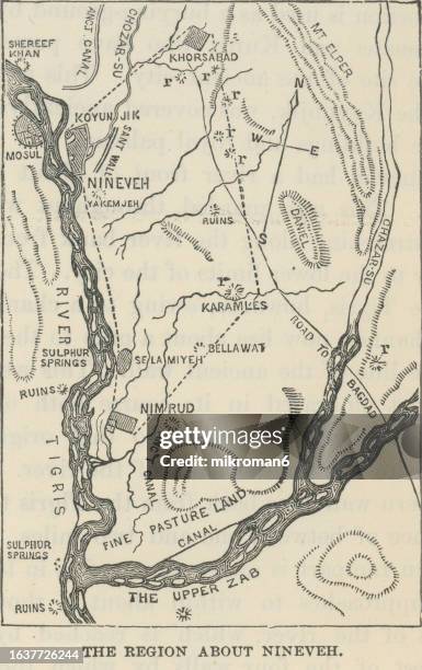 old engraved map of the region about nineve, assyria - tigris river stock-fotos und bilder