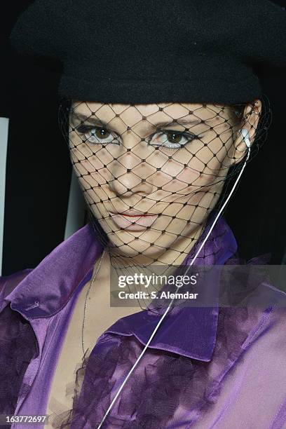 Model backstage ahead of the Selma State show during Mercedes-Benz Fashion Week Istanbul Fall/Winter 2013/14 at Antrepo 3 on March 15, 2013 in...