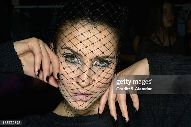 Model backstage ahead of the Selma State show during Mercedes-Benz Fashion Week Istanbul Fall/Winter 2013/14 at Antrepo 3 on March 15, 2013 in...