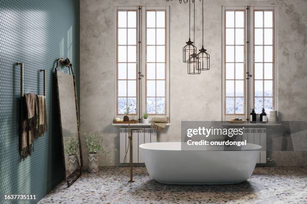 retro style bathroom with bathtub, mirror and pendant light - bathroom ceiling stock pictures, royalty-free photos & images