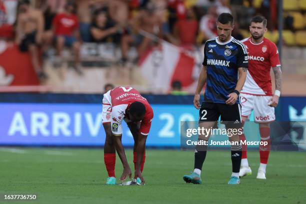 Caio Henrique of AS Monaco and Frederic Guilbert of Strasbourg look on as Mohamed Camara of AS Monaco recovers an injured pigeon from the field of...