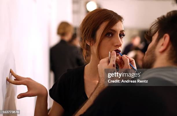 Model backstage ahead of the Soul By Ozgur Masur show during Mercedes-Benz Fashion Week Istanbul Fall/Winter 2013/14 at Antrepo 3 on March 15, 2013...