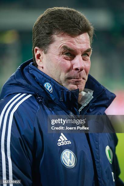 Head coach Dieter Hecking of Wolfsburg looks on prior to the Bundesliga match between VfL Wolfsburg and Fortuna Duesseldorf 1895 at Volkswagen Arena...