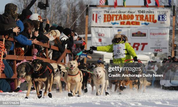 Iditarod musher Newton Marshall, from St. Anne, Jamaica, and his sled dog team leave the start line of the 2013 Iditarod Sled Dog Race in Willow,...