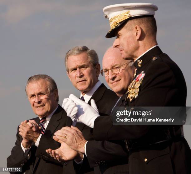 Vice President Dick Cheney photographed from 1975 to 2006 in Washington, DC. Pictured: President G.W Bush, outgoing Secretary of Defense Rumsfeld,...