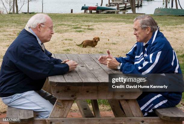 Vice President Dick Cheney photographed from 1975 to 2006 in Washington, DC. Pictured: VP Cheney and Secretary of Defense Donald Rumsfeld have a...