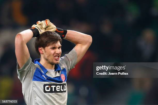 Fabian Giefer of Duesseldorf is seen after the Bundesliga match between VfL Wolfsburg and Fortuna Duesseldorf 1895 at Volkswagen Arena on March 15,...