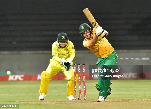 Gerald Coetzee of South Africa in action during the 2nd KFC T20 International match between South Africa and Australia at Hollywoodbets Kingsmead...
