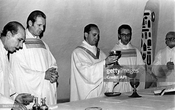 In this photo circa 1976 Victor Zorzin, rector of the School Maximo, Andres Swinnen, Teacher of the novices, Jorge Mario Bergoglio, province...