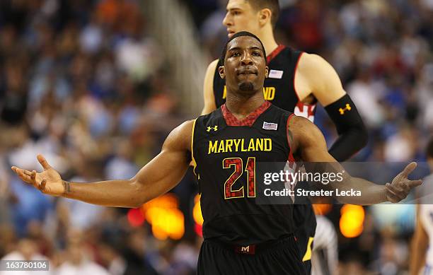 Pe'Shon Howard of the Maryland Terrapins reacts during their 83 to 74 win over the Duke Blue Devils during the quarterfinals of the ACC Men's...