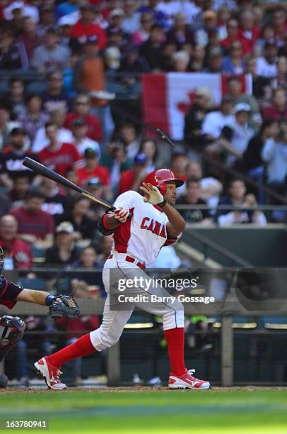 Tyson Gillies of Team Canada bats during Pool D, Game 6 between the United States and Canada during the first round of the 2013 World Baseball...