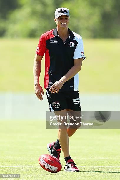Nick Riewoldt of the Saints shares a joke with a team mate prior to the AFL practice match between the Greater Western Sydney Giants and the St Kilda...