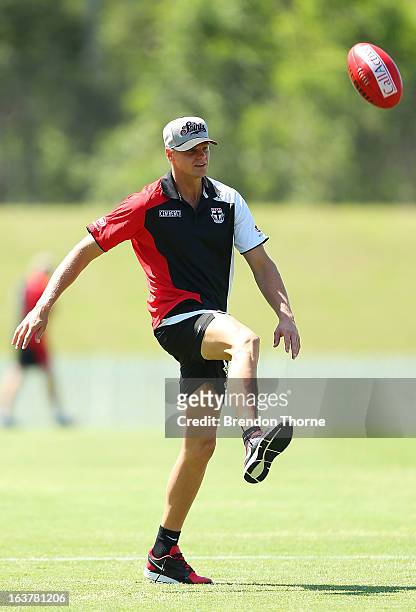 Nick Riewoldt of the Saints kicks a ball prior to the AFL practice match between the Greater Western Sydney Giants and the St Kilda Saints at...