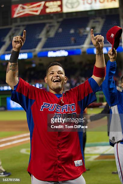 Yadier Molina of Team Puerto Rico celebrates after defeating Team USA in Pool 2, Game 4 in the second round of the 2013 World Baseball Classic on...