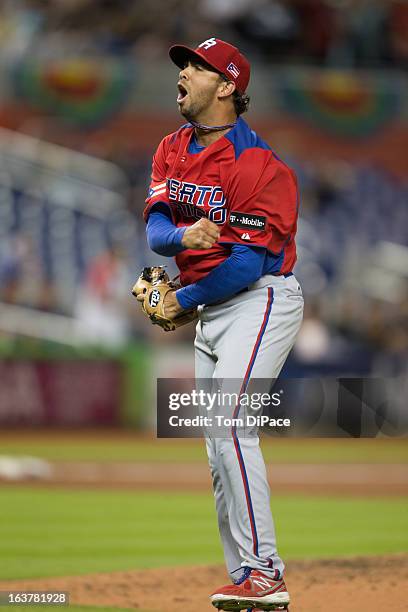 Nelson Figueroa of Team Puerto Rico celebrates during Pool 2, Game 4 against Team USA in the second round of the 2013 World Baseball Classic on...