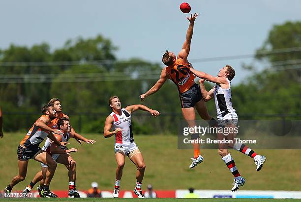 Jonathan Giles of the Giants grabs the ball from the bounch during the AFL practice match between the Greater Western Sydney Giants and the St Kilda...