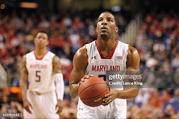 Pe'Shon Howard of the Maryland Terrapins concentrates at the free throw line against the Wake Forest Demon Deacons during the first round of the 2013...