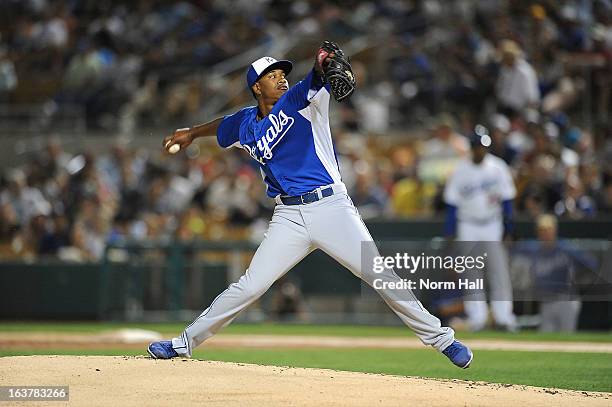 Yordano Ventura of the Kansas City Royals delivers a pitch against the Los Angeles Dodgers on March 15, 2013 in Glendale, Arizona.