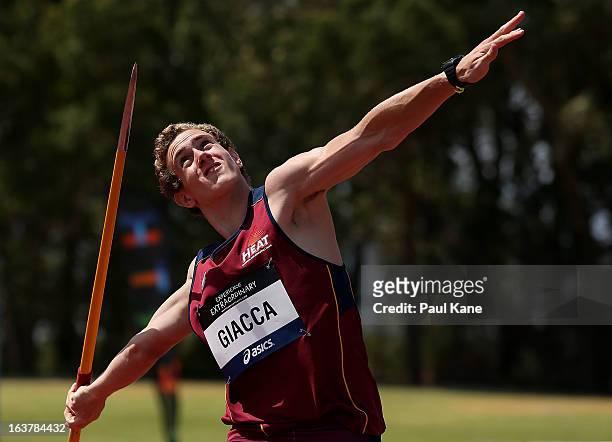 Luke Giacca of Queensland competes in the men's u16 javelin throw during day five of the Australian Junior Championships at the WA Athletics Stadium...