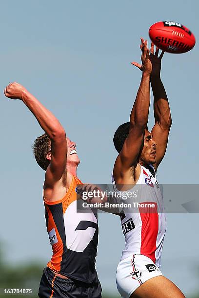 Terry Milera of the Saints contests a mark during the AFL practice match between the Greater Western Sydney Giants and the St Kilda Saints at...