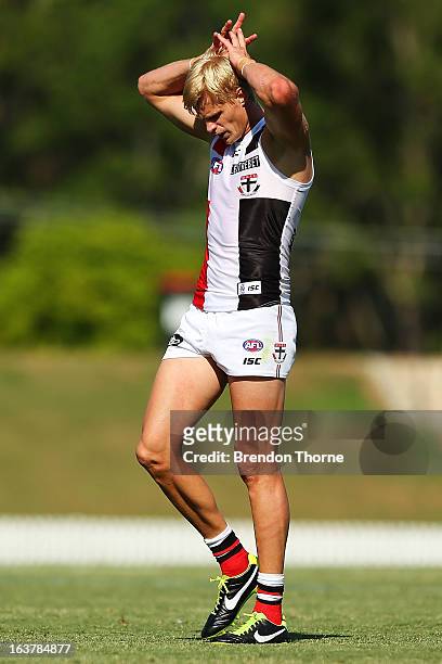 Nick Riewoldt of the Saints looks dejected after missing a goal during the AFL practice match between the Greater Western Sydney Giants and the St...