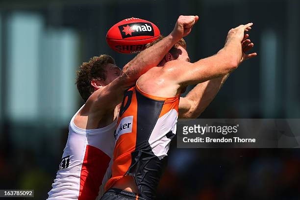 Jonathan Giles of the Giants contests a high ball during the AFL practice match between the Greater Western Sydney Giants and the St Kilda Saints at...