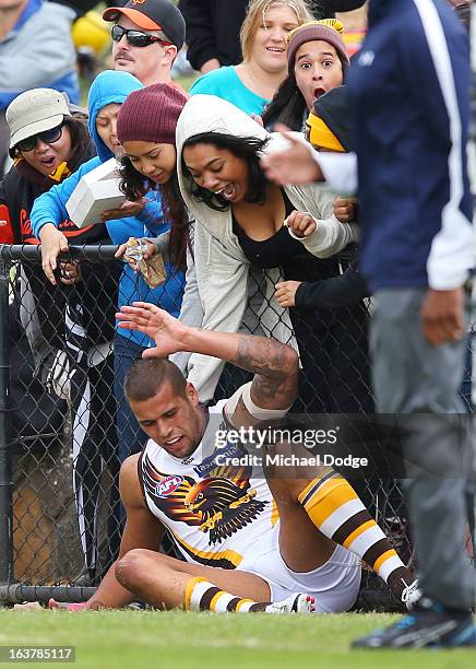 Lance Franklin of the Hawks crashes into the fence during the AFL NAB Cup match between the North Melbourne Kangaroos and the Hawthorn Hawks at...