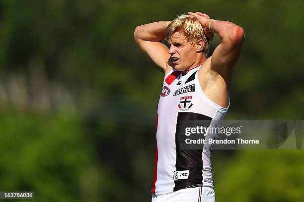 Nick Riewoldt of the Saints looks dejected after missing a goal during the AFL practice match between the Greater Western Sydney Giants and the St...