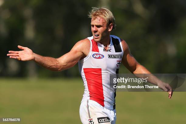 Beau Maister of the Saints gestures during the AFL practice match between the Greater Western Sydney Giants and the St Kilda Saints at Blacktown...