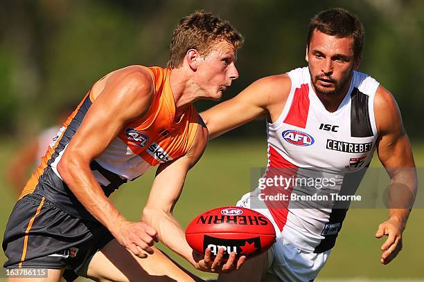 Will Hoskin-Elliott of the Giants looks to off load the ball during the AFL practice match between the Greater Western Sydney Giants and the St Kilda...