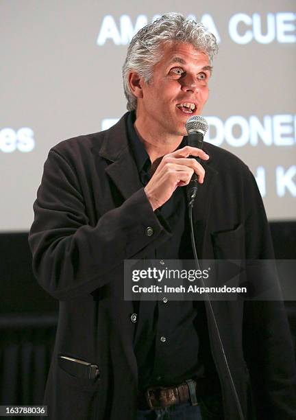 Director David Riker speaks onstage during a Q&A after the screening of 'The Girl' at Sundance Cinema on March 15, 2013 in Los Angeles, California.