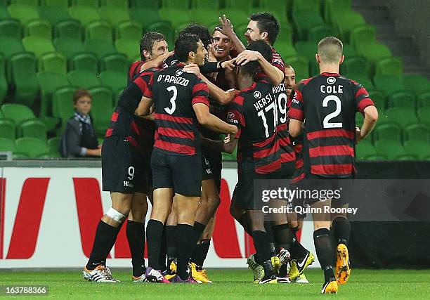 The Wanderers celebrate a goal during the round 25 A-League match between the Melbourne Heart and the Western Sydney Wanderers at AAMI Park on March...