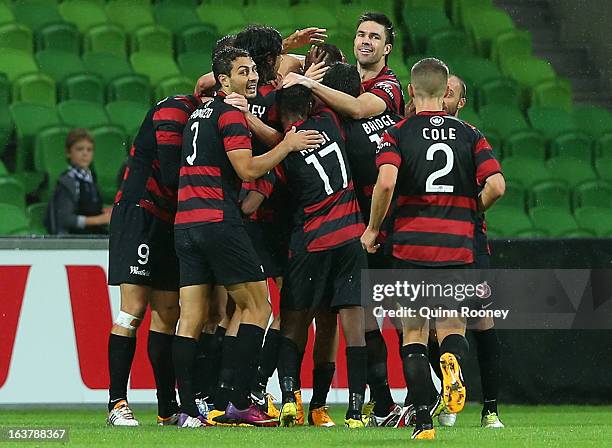 The Wanderers celebrate a goal during the round 25 A-League match between the Melbourne Heart and the Western Sydney Wanderers at AAMI Park on March...